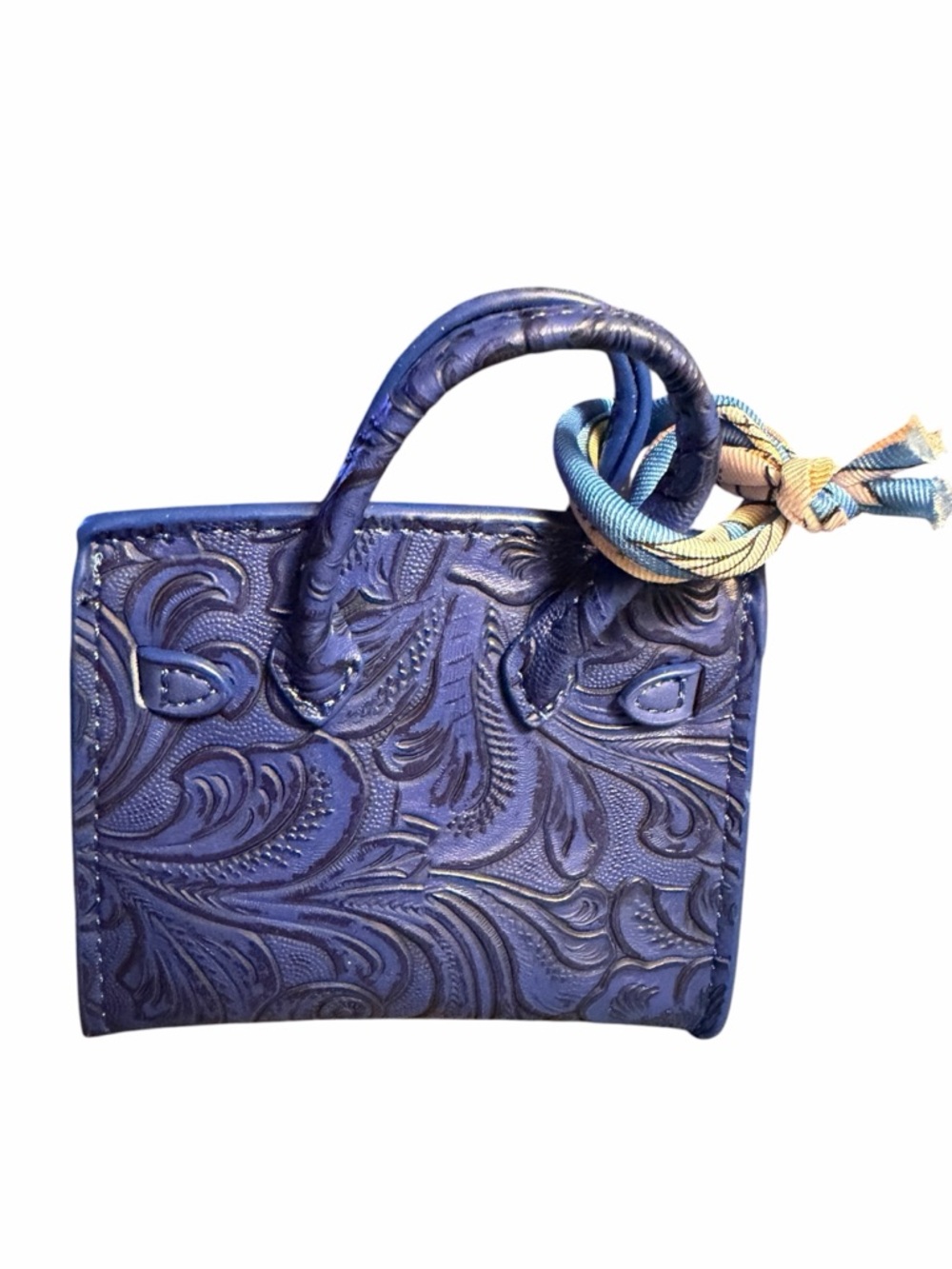 Embossed Navy Blue Leather Satchel with Scarf Accent - Picture 2 of 7